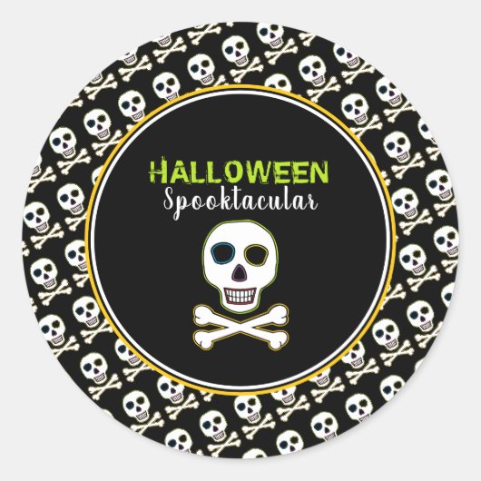 Sticker Rond Crâne & Os, Soirée Halloween Néon (Devant)