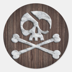 Sticker Rond Crâne pirate et os croisés Bois rustique