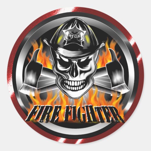 Sticker Rond Crâne pompier 4 et axes flammes (Devant)