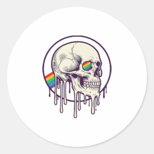 Sticker Rond Crâne qui dégouline d'arc-en-ciel Dessin de gravur