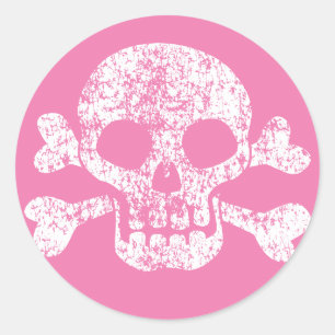 Sticker Rond Crâne rose usé et os croisés