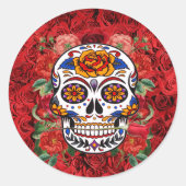 Sticker Rond Crâne sucre rose Roses rouges Vacances (Devant)