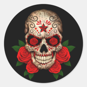 Sticker Rond Crâne sucrier foncé aux roses rouges