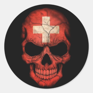 Sticker Rond Crâne suisse de drapeau sur le noir