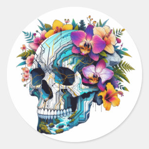 Sticker Rond Crâne Techno-Bloom