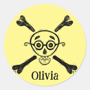 Sticker Rond Crâne vintage et os croisés avec lunettes Jaune