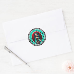 Sticker Rond Crânes de sucre avec roses sarcelles et rouges