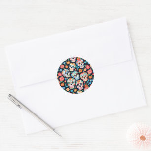 Sticker Rond Crânes de Sucre et Fleurs