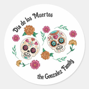 Sticker Rond Crânes de sucre et fleurs de Jour des morts