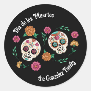Sticker Rond Crânes de sucre et fleurs du Jour des morts en noi