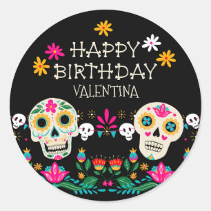 Sticker Rond Crânes en sucre de Jour des Morts Joyeux Anniversa