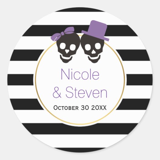 Sticker Rond Crânes et rayures violet mariage d'Halloween (Devant)