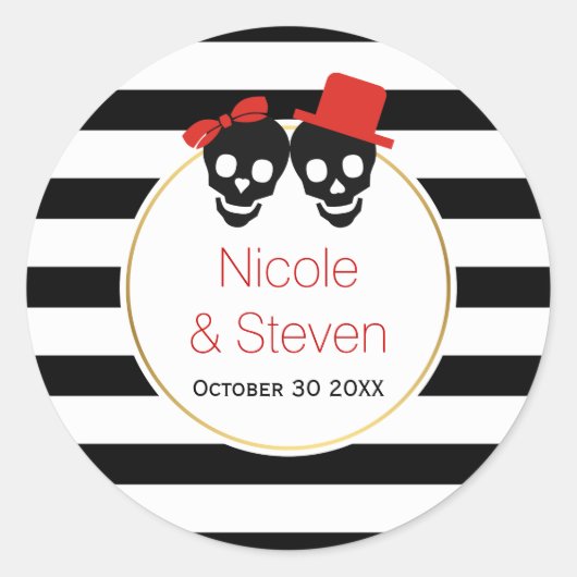 Sticker Rond Crânes, noir blanc rayures rouge Halloween mariage (Devant)