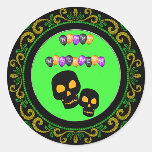 Sticker Rond Crânes noirs jaunes verts Joyeux Ballons d'Hallowe (Devant)