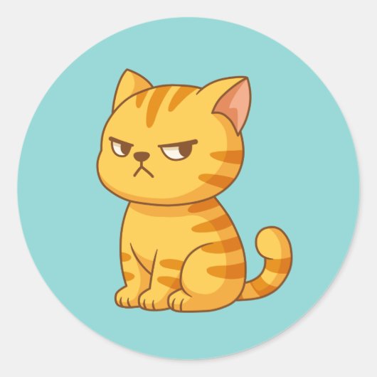 Sticker Rond Cranky Orange Tabby Cat on Green (Devant)