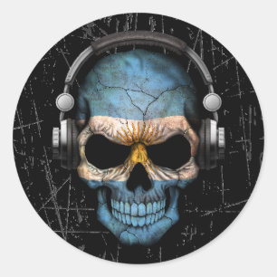 Sticker Rond Cratché Dj crâne argentin avec casque