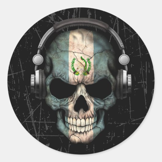 Sticker Rond Cratché Dj crâne guatémaltèque avec casque (Devant)