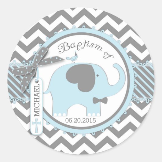 Sticker Rond Cravate Blue Elephant Bow et Chevron Print Baptism (Devant)