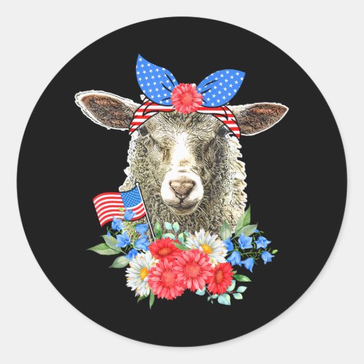 Sticker Rond Cravate Floral Sheep Bow Drapeau Américain Joyeux  (Devant)