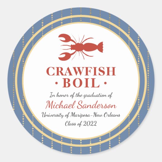 Sticker Rond Crawfish Boil Fruits de mer Blue Graduation Party (Devant)