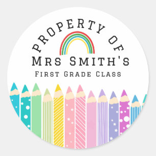 Sticker Rond Crayon arc-en-ciel Propriété de la classe Autocoll