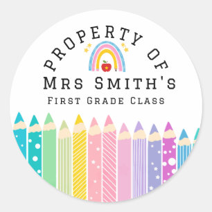 Sticker Rond Crayon arc-en-ciel Propriété de la classe Autocoll
