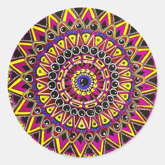 Sticker Rond Crayon de couleur mandala violet jaune (Devant)
