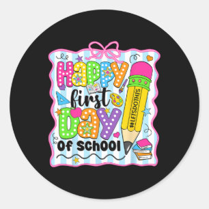 Sticker Rond Crayon Enseignant Enfants Heureux Premier Jour D'é