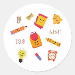 Sticker Rond Crayon kawaii et outils scolaires