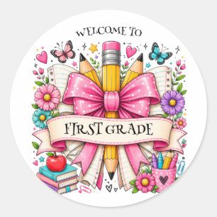 Sticker Rond Crayon rétro de bienvenue en première année