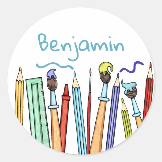 Sticker Rond Crayons et pinceaux personnalisés (Devant)