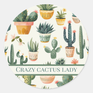Sticker Rond "Crazy cactus lady ! texte sur un dessin de cactus