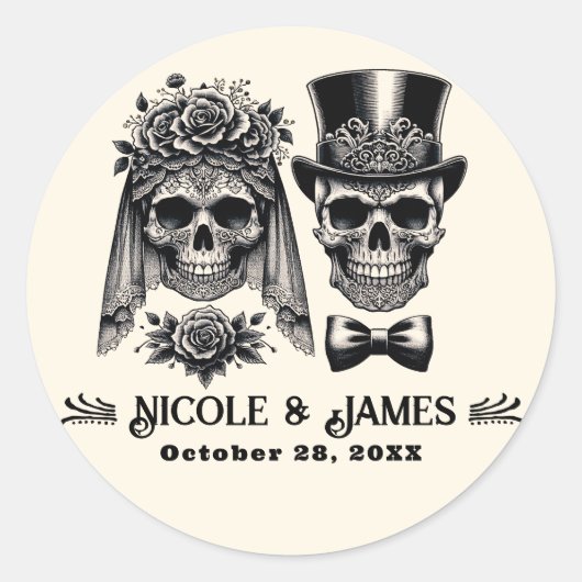 Sticker Rond Cream Black & Gold Vintage Skeleton Mariage (Devant)