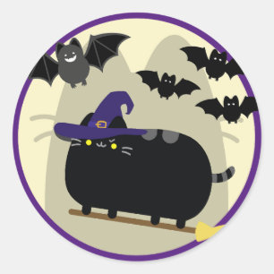 Sticker Rond Créature de la nuit Halloween sorcière Chat Artwor