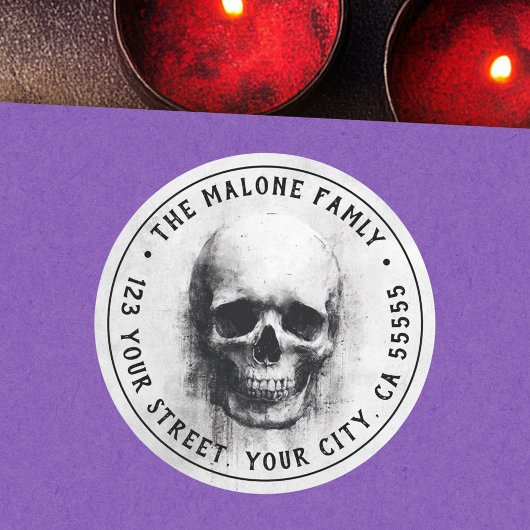 Sticker Rond Creepy skull Halloween return address