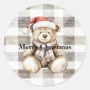 Sticker Rond Crème biologique Tan Christmas Teddy Bear Santa Ha
