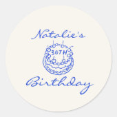 Sticker Rond Crème Bleue 30ème Main Drawn Cake Anniversaire (Devant)