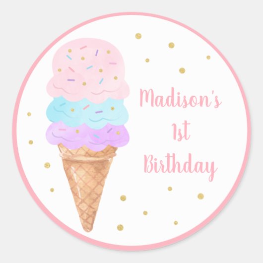 Sticker Rond Crème de glace rose or Pastel Anniversaire (Devant)