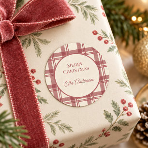 Sticker Rond Crème d'ivoire Rouge Tartan à carreaux Noël Vintag