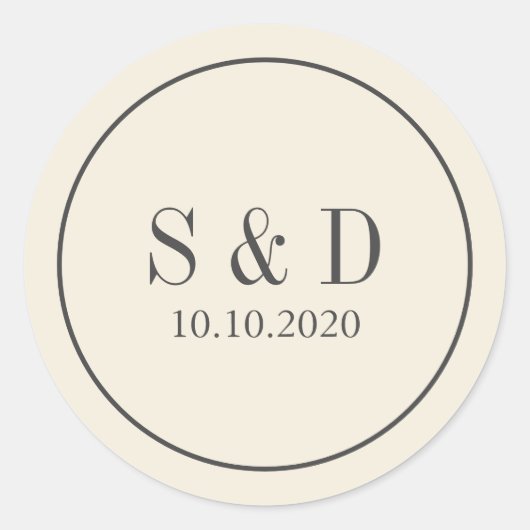 Sticker Rond Crème et gris | Monogramme classique Mariage (Devant)