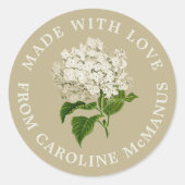 Sticker Rond Crème et Hydrangée verte Fabriquée avec amour (Devant)