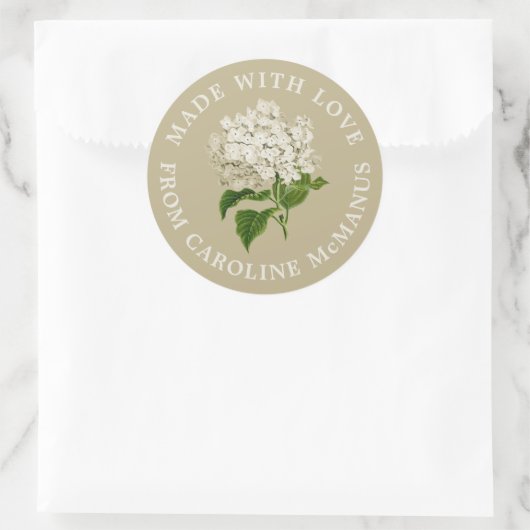 Sticker Rond Crème et Hydrangée verte Fabriquée avec amour (Sac)