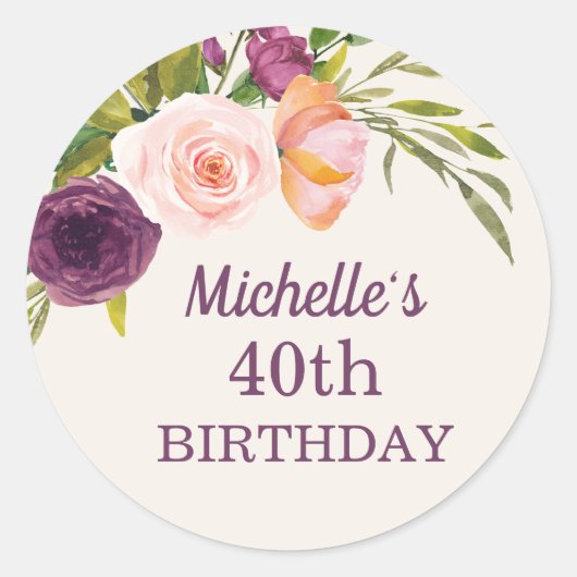 Sticker Rond Crème florale rose pourpre 40e anniversaire (Devant)