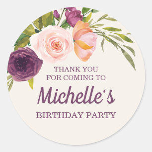 Sticker Rond Crème florale rose pourpre Merci d'anniversaire