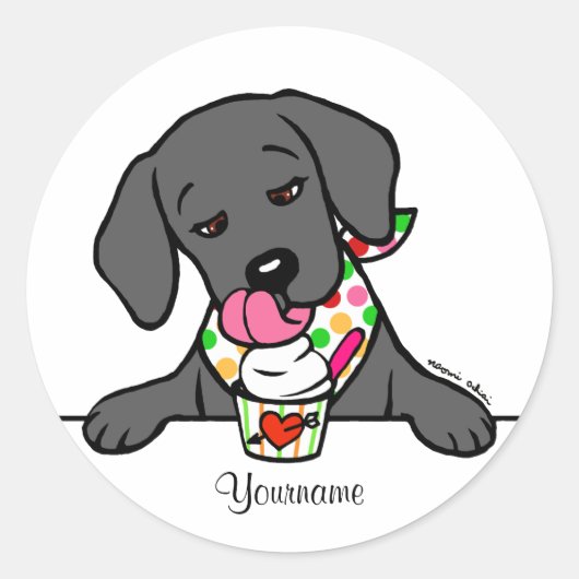 Sticker Rond Crème glacée à chiot noir personnalisé (Devant)