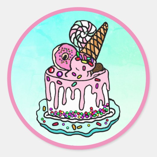 Sticker Rond Crème glacée Cone rose gâteau d'anniversaire saupo (Devant)