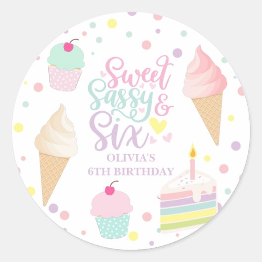 Sticker Rond Crème glacée et gâteau sucré Sassy Six 6e annivers (Devant)