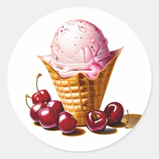 Sticker Rond Crème glacée fraise en cône avec cerises (Devant)