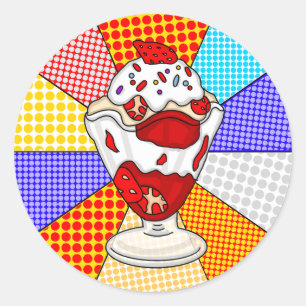 Sticker Rond Crème glacée Retro Pop Art Strawberry Sundae