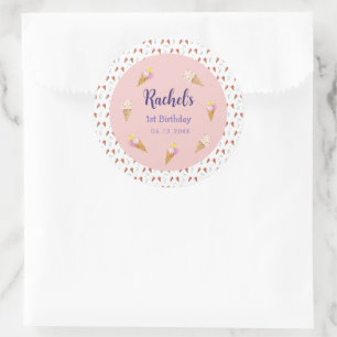 Sticker Rond Crème glacée rose mignonne Cone Girl Anniversaire
